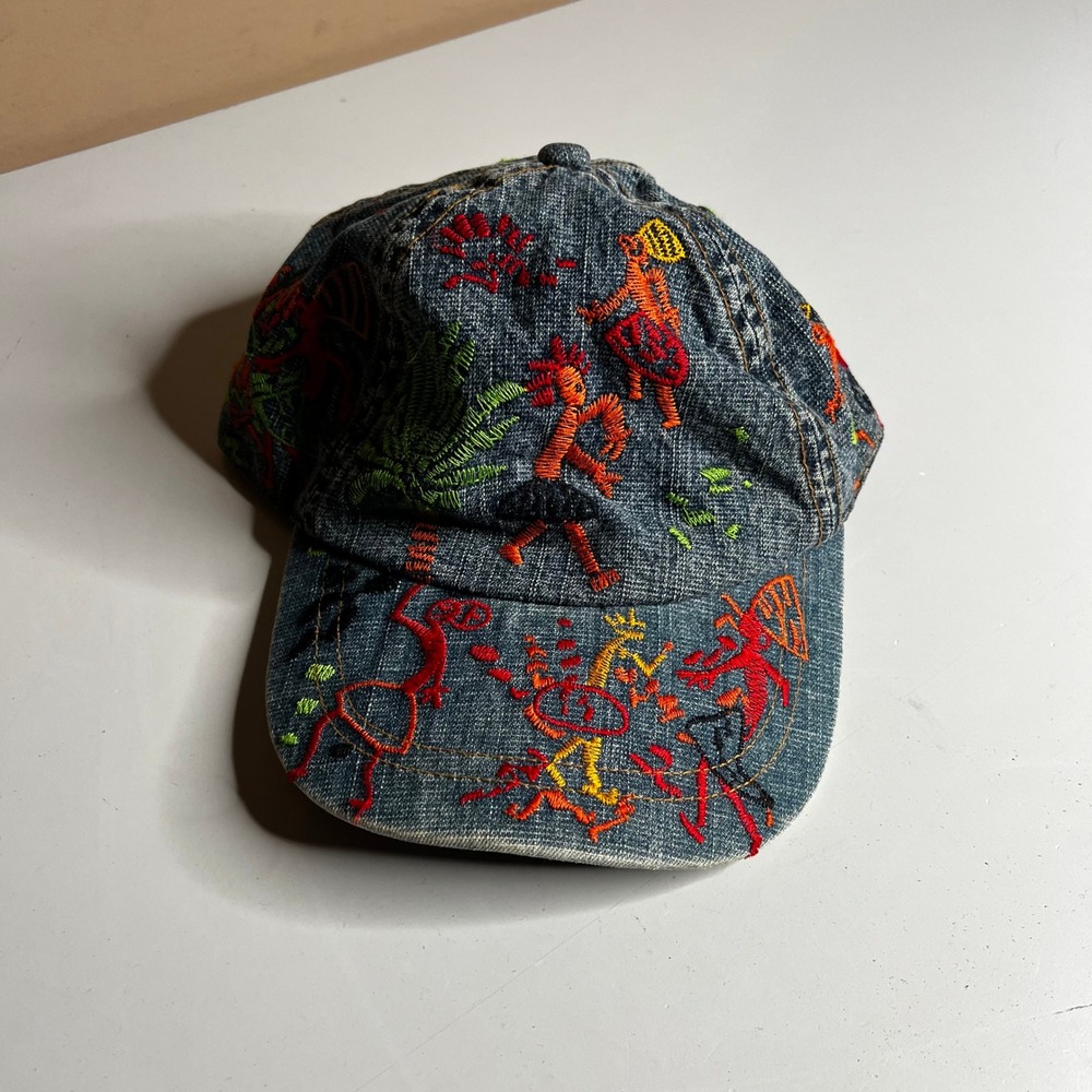 Chico's Blue Denim Embroidered Tribal Figure Baseball Cap Adjustable Hat‎